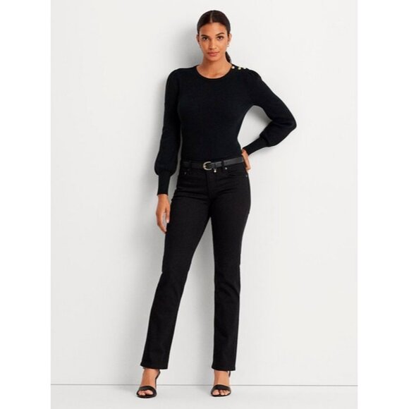 Lauren Ralph Lauren Crewneck Puff-Sleeve Black Sweater Petite Size Small New - Picture 4 of 7